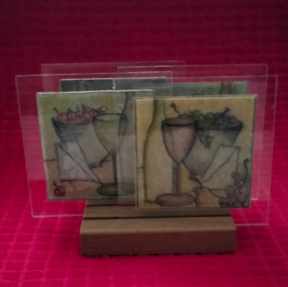 Artisian Glass Coasters Set 4 Martini Themed Bar Cork Back With Stand